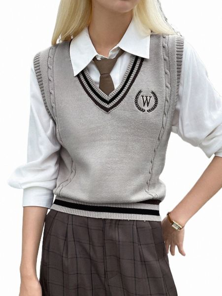 

women's sweaters dazy letter & plant embroidery striped trim sweater vest without blouse n3j7#, White;black