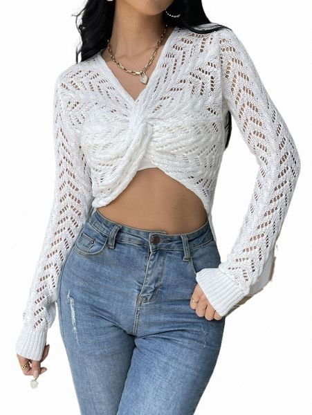 

women's sweaters pointelle knit twist front crop sweater b5zd#, White;black