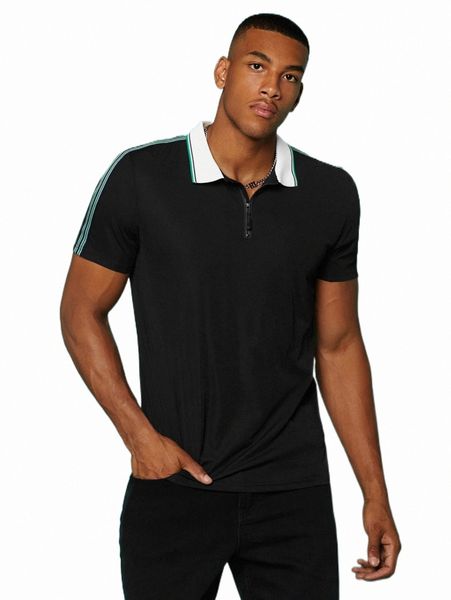 

men's polos men contrast collar striped tape panel quarter zip polo shirt y7bk#, White;black