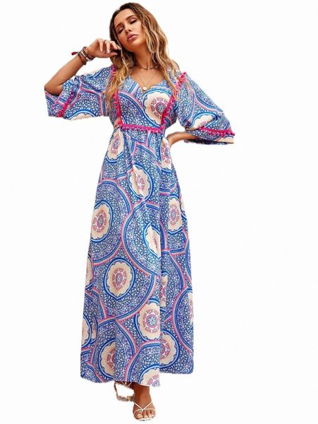 

casual dresses floral print pompom trim tie back dress 85ch#, Black;gray