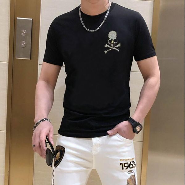 

fashion rhinestones t shirt men clothing 2022 new trend o neck short sleeve slim summer thin casual t-shirts, White;black