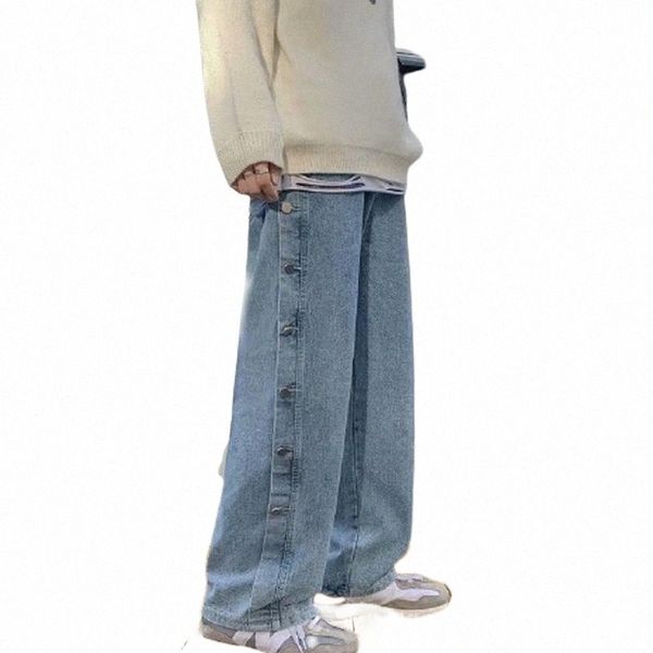 

men's pants solid color fried street side breasted jeans men's straight loose and comfortable wide-leg casual trousers pants u6b7#, Black