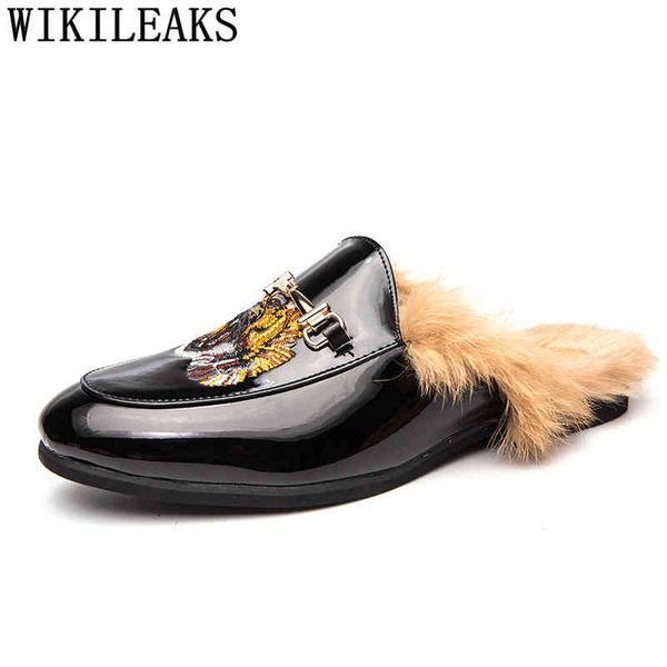 

boots designer slippers men fur mules hairdresser lacquer leather half shoes for luxury homens sapatos casuais 220901, Black