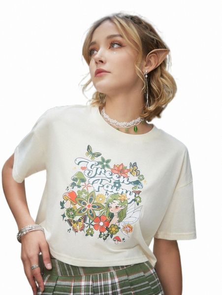 

women's t-shirt romwe fairy grunge floral & figure print crop tee e6ik#, White