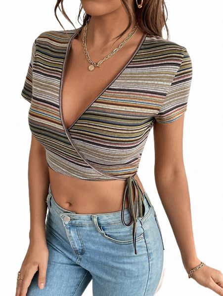 

women's t-shirt striped print knot side wrap crop tee o8pv#, White