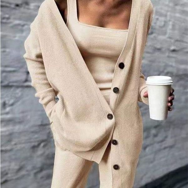 

womens two piece pants spring solid rib knitted 3 piece sets women elegant strapless and long pants suit single breasted long cardigan outfi, White