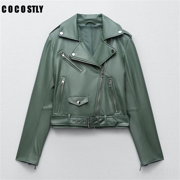 

women's leather faux spring autumn women jacket fashion blue black female casual lapel zipper with belt biker coat 220905