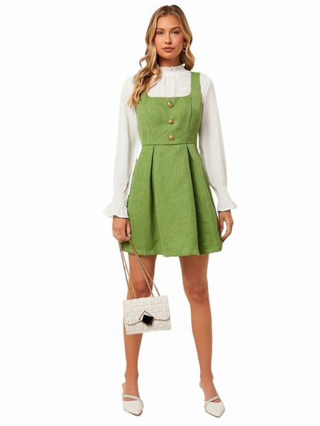 

casual dresses button front fold pleated tweed dress without p8ey#, Black;gray