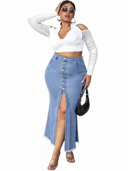 

skirts plus high waist single breasted raw hem denim skirt 11nz#, Black