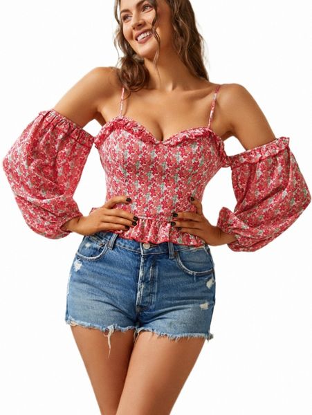 

women's blouses & shirts sbetro allover floral print cold shoulder lantern sleeve blouse q6s2#, White