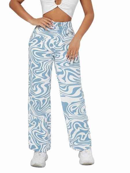 

women's jeans high waist allover print wide leg jeans g821#, Blue