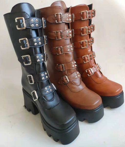 

autumn winter women high-heeled martin boots high-motorcycle boot rear zipper belt buckle velvet plus size 36-43, Black