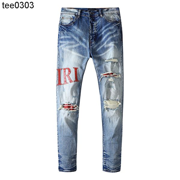 

amirs light blue paint men's jeans versatile patch elastic straight men's pants