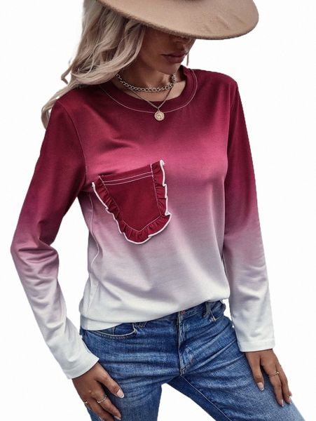 

women's t-shirt ombre frill detail pocket patched tee u2oe#, White
