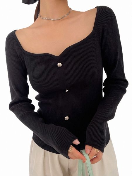 

women's sweaters dazy sweetheart neck button detail sweater s6i3#, White;black