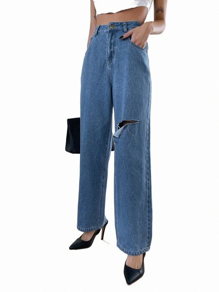 

women's jeans dazy high waist ripped straight leg jeans 5926#, Blue