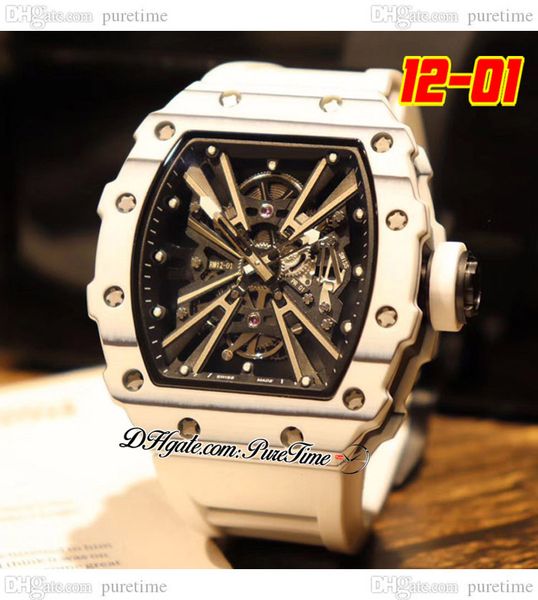 

2022 12-01 miyota automatic mens watch ntpt white carbon fiber case black skeleton dial big date rubber strap 4 styles watches puretime a1, Slivery;brown