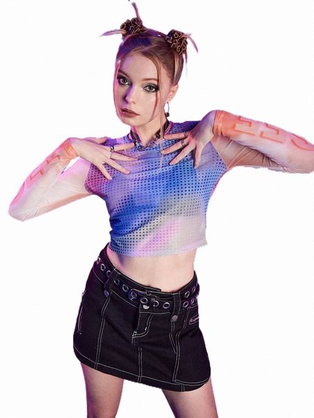

women's t-shirt romwe cyber luvr letter polka dot colorblock mesh crop g4dr#, White