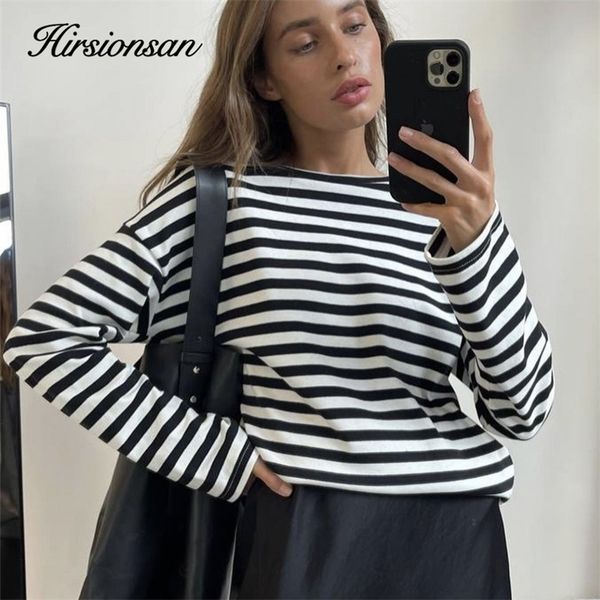 

womens tshirt hirsionsan autumn long sleeve striped loose t shirt women casual vintage soft cotton basic tee ladies harajuku knitted 220906, White