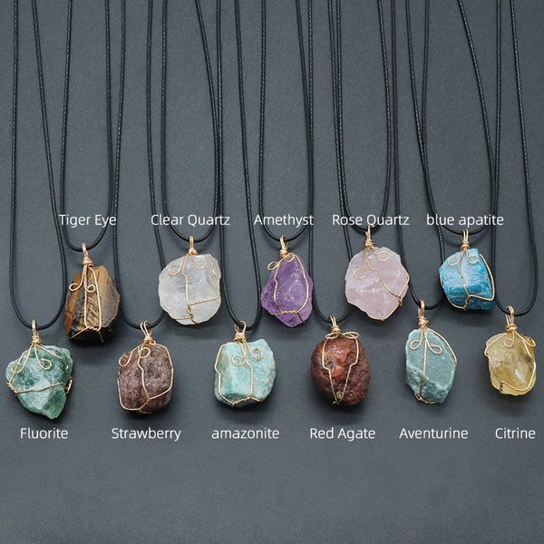 

fashion natural stone raw ore wire wrap pendants necklace fluorite amethyst rose quartz necklaces, Silver