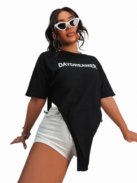 

women's t-shirt letter graphic asymmetrical hem drop shoulder tee i458#, White