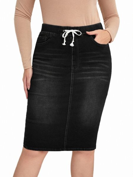 

skirts plus moustache effect drawstring waist slit back denim skirt 778r#, Black