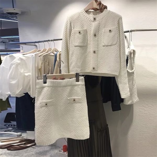 

two piece dress fashion knitted suit women oneck single breasted cardigan mini skirt two piece set temperament autumn winter tracksuit 22090, White