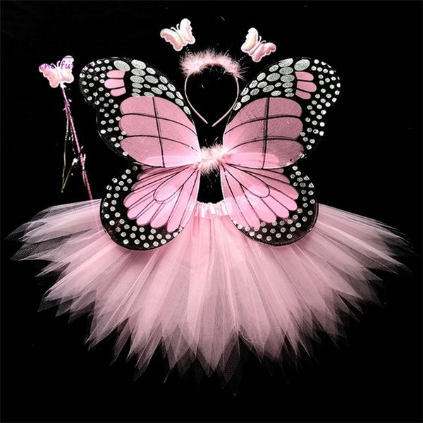 

girl's dresses 4pcs halloween cosplay fairy angel wings insect theme costume for kids girls butterfly wings costume performance dress 2, Red;yellow