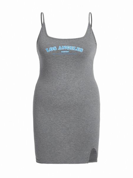 

plus size dresses plus slogan graphic split hem cami dress b2pf#, Black