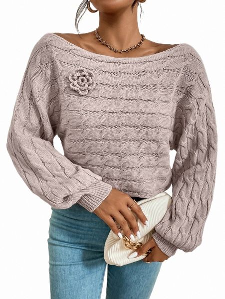 

women's sweaters applique dolman sleeve boat neck cable knit sweater r1nr#, White;black