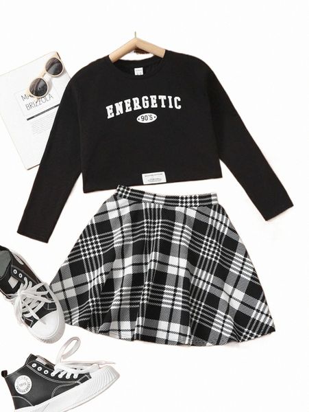 

others apparel girls letter graphic tee & plaid skirt set o3mr#, Black;white