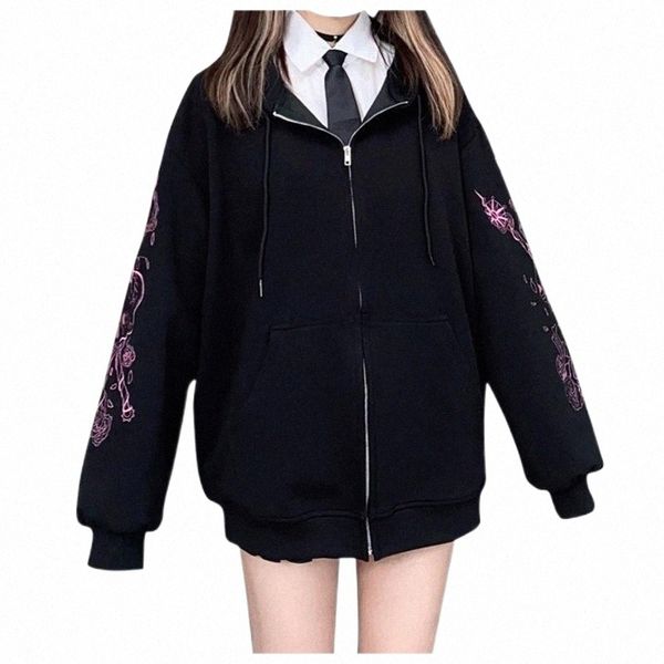 

women's hoodies & sweatshirts women's hoodies & sweatshirts y2k oversized jacket printed zipper tie loose hoodie sweatshirt autumn, Black