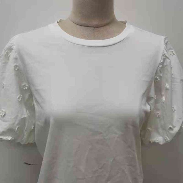 

women's t-shirt fadan 's summer embroidery crocheted bubble sleeve round neck short, White