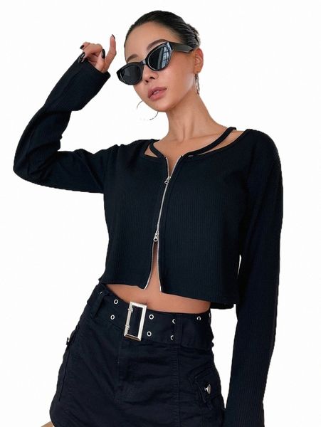 

women's t-shirt dazy two-way zipper rib-knit crop tee s39x#, White