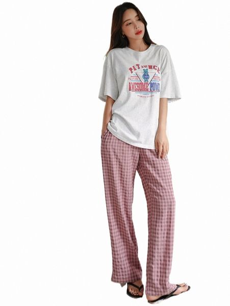 

women's sleepwear dazy letter & gingham print lounge set j6ft#, Black;red