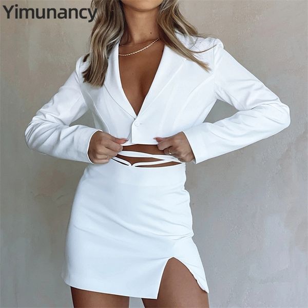 

two piece dress yimunancy 2piece blazer sets v neck cropped blazer high waist skirt autumn button notched lace up matching set 220906, White