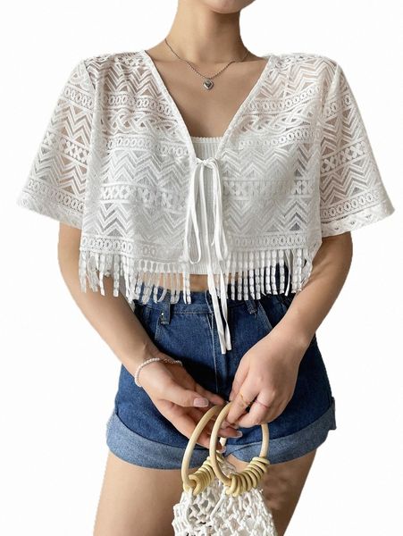 

women's t-shirt dazy knot front fringe hem crop sheer without cami b4f2#, White