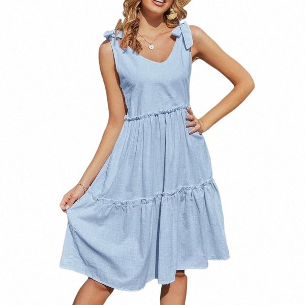 

casual dresses casual dresses women fashion lace-up solid color dress stylish sleeveless v-neck for ladies linen mid-length 46k7#, Black;gray