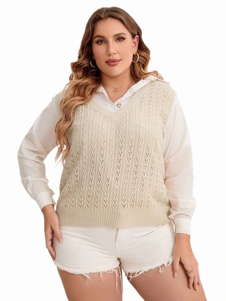 

plus size t-shirt plus solid pointelle sweater vest without blouse 10ez#, Black