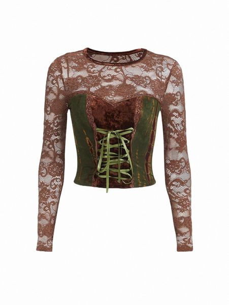 

women's t-shirt criss cross tie front contrast lace 89rn#, White