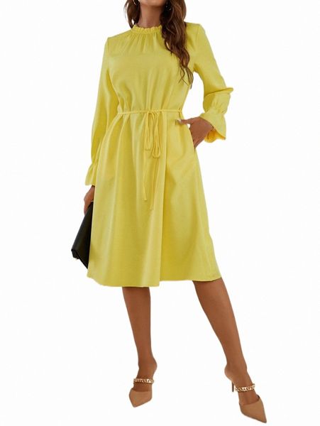 

casual dresses frill trim flounce sleeve belted dress 78tb#, Black;gray