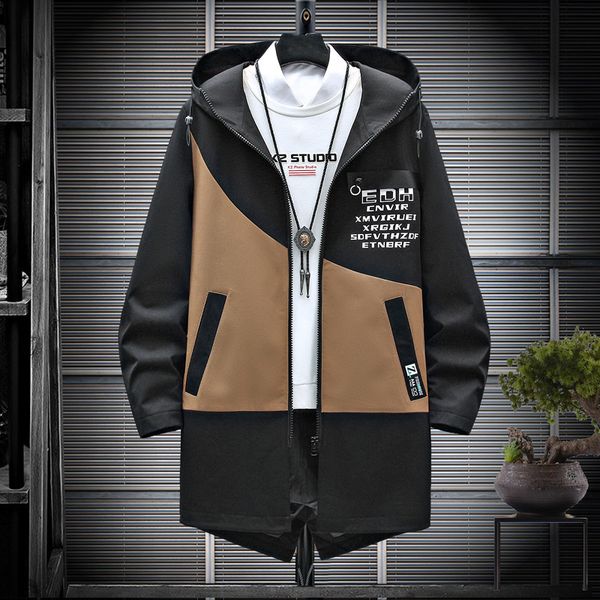 

men's trench coats autumn/winter hip hop mens patchwork hooded windbreaker man printed casual jacket mid-length trench coat male 3 colo, Tan;black