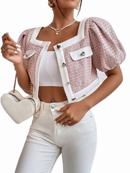 

women's down & parkas plaid pattern puff sleeve crop overcoat b1oz#, Black