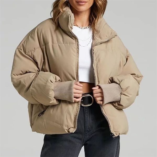 

women's down parkas winter fashion thick warm padded coat women's vintage stand collar coats casual pockets solid loose jacket 220, Black