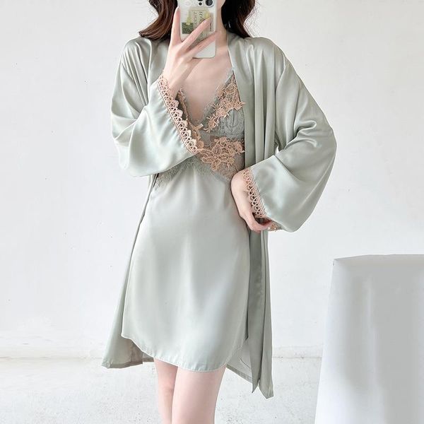 

lace patchwork loungewear sleep womens sleepwear set women bathrobe gown, Black;red