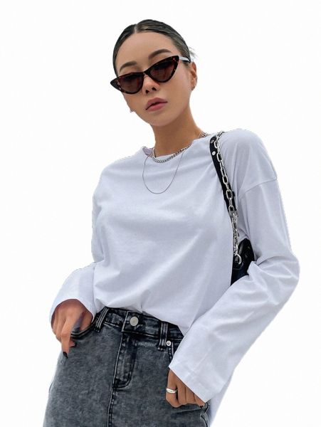 

women's t-shirt dazy solid split hem drop shoulder tee f2wa#, White