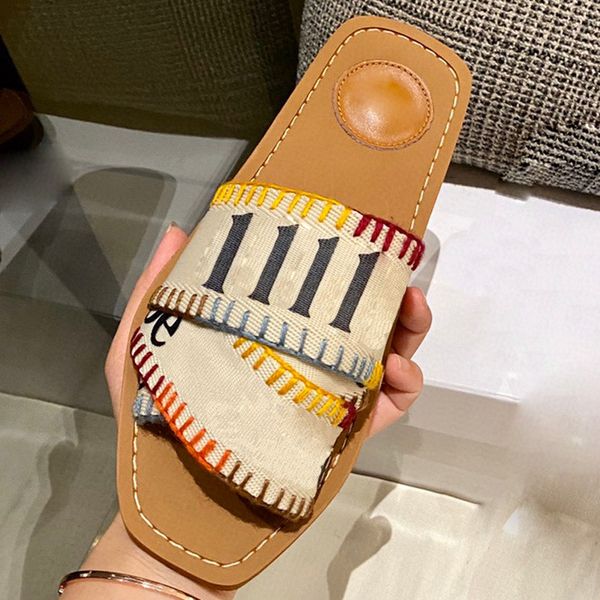 

designer canvas slippers women woody mules flat snadals rubber slides new color white black lace lettering fabric womens summer outdoor shoe