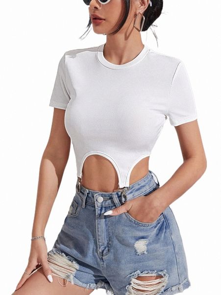 

women's t-shirt solid rib-knit crop garter tee w64s#, White