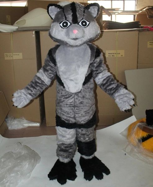 

gray furry cat mascot costume suit size to wear halloween party parade, Red;yellow