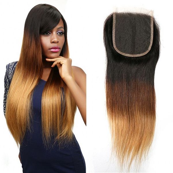 

4x4 lace closures straight 1b/4/27 indian remy human hair three middle part closure, Black;brown